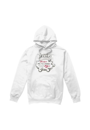 White hoodie with a pig illustration and text promoting a Tuesday breakfast special "Pig 'N A Poke" priced at $3.99.