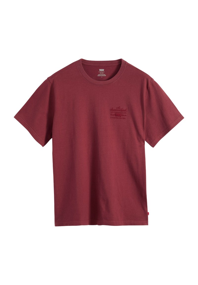 Mørkerød kortærmet bomulds-T-shirt med rund hals og subtilt mørkerødt tekstlogo på venstre bryst.