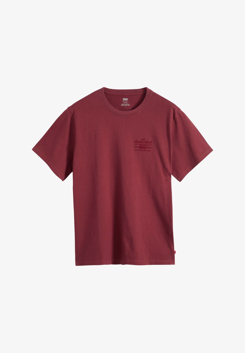 Mørkerød kortærmet bomulds-T-shirt med rund hals og subtilt mørkerødt tekstlogo på venstre bryst.