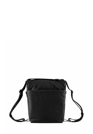 Schwarze Stoff-Crossbody-Tasche mit strukturiertem Design, ausgestattet mit einer Fronttasche, verstellbarem Schultergurt und strukturiertem Material.