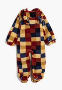 Fleece baby onesie med hætte, med et ternet mønster i rød, marineblå, gul og brun, samt ribbede manchetter og fødder. Blød tekstur.