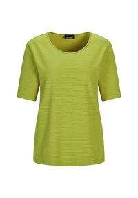 Limonengrünes kurzärmliges Oberteil mit rundem Ausschnitt, strukturiertem Stoff mit dezentem Muster und lockerer Passform. Markenlabel ist innen sichtbar.