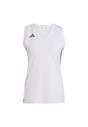 Bílý bezrukávový sportovní top s výstřihem do V, s šedými akcenty a logem Adidas na levém rameni. Hladká struktura látky.