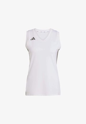 Biele športové tričko bez rukávov s výstrihom do V, zdobené šedými akcentami a logom Adidas na ľavom pleci. Hladká textúra látky.