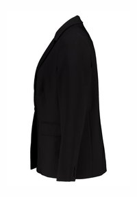 Zwarte op maat gemaakte blazer met een geknipt revers, één-knoopsluiting en twee voorzakken. Glad textuur en getailleerd ontwerp.