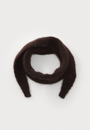 Brown wool headband, soft texture, circular design with elongated ends, surface slightly fuzzy, continuous loop without hardware or accents.