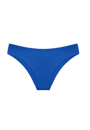 Blue bikini bottom made of smooth fabric. Features a low-rise cut with narrow side straps and no visible patterns or embellishments.