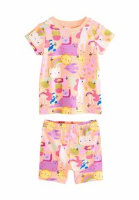 Kurzärmelige Kinderpyjamas aus einem weichen, pinken Stoff. Mit bunten Cartoon-Motiven von Einhörnern, Regenbögen, Sonnen und Tieren auf beiden Teilen.