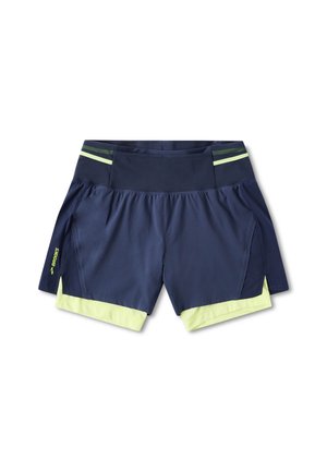 Navy shorts with a fitted design, featuring a wide waistband and light green accents. The shorts have a layered look with side mesh panels.