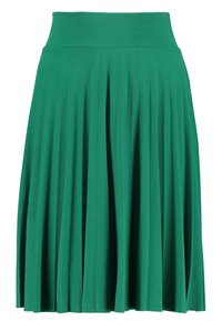 Gonna plissettata verde realizzata in un tessuto liscio e elastico con una cintura larga. Le pieghe verticali creano consistenza e migliorano il movimento.