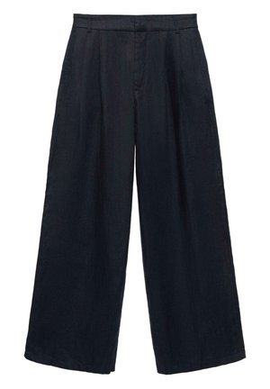 Schwarze, hoch taillierte, weit geschnittene Hose mit Gürtelschlaufen, vorderen Falten und maßgeschneiderten Nähten, geeignet für legere oder formelle Anlässe.