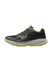 Zapatilla de correr negra y gris con parte superior texturizada, detalles en verde lima y suela acolchada. Presenta una punta redondeada y cierre con cordones.