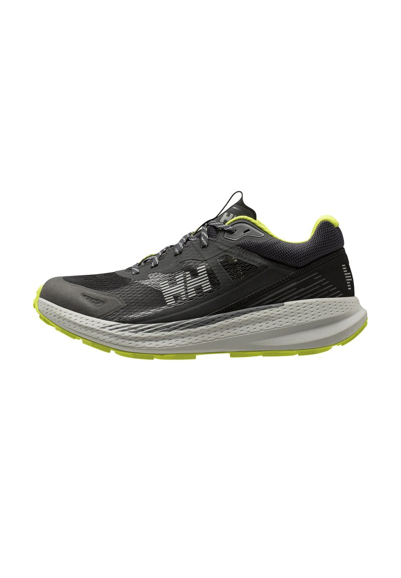 Zapatilla de correr negra y gris con parte superior texturizada, detalles en verde lima y suela acolchada. Presenta una punta redondeada y cierre con cordones.