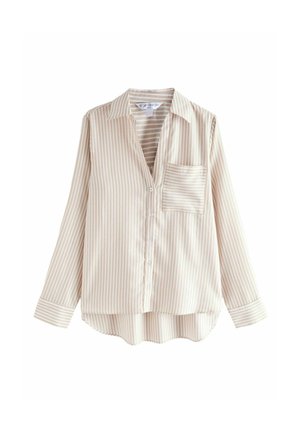 Chemise à manches longues beige et blanche à rayures verticales, avec col et poche poitrine, coupe décontractée et ourlet arrondi.