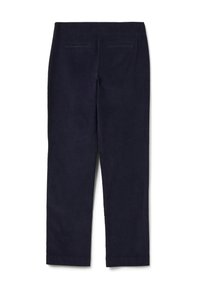 Pantalons en velours côtelé bleu marine avec une coupe droite, dotés de deux poches arrière et d'un tissu doux et texturé.