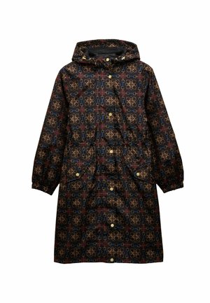 Black waterproof coat with golden accents, patterned with red and blue geometric designs, featuring a hood and elastic cuffs.