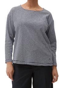 Langarm-T-Shirt in Marineblau und Weiß gestreift mit weiter Ausschnitt, bequemer Passform und dezenten Nähten am Saum.