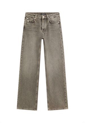 Lichtgrijze wijde jeans in denim stof, met een vijf-pocket ontwerp, knoopsluiting en subtiele vervaging. Schoon, rechte snit.