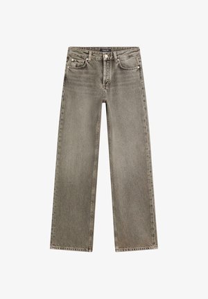 Lichtgrijze wijde jeans in denim stof, met een vijf-pocket ontwerp, knoopsluiting en subtiele vervaging. Schoon, rechte snit.