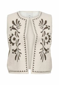 Gilet sans manches crème avec broderies florales brunes et surpiqûres décoratives le long des bords, devant ouvert et tissu doux et texturé.