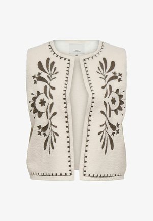 Cream sleeveless vest with brown floral embroidery and decorative stitching along edges, open front, and soft textured fabric.