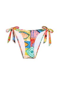 Bas de bikini coloré pour femme avec liens latéraux et motif abstrait multicolore sur fond blanc.