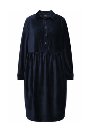 Navyblaue Cordkleid mit Kragen, Knopfleiste, langen Ärmeln und gerafftem Bund, mit vertikalen Streifen für Textur.