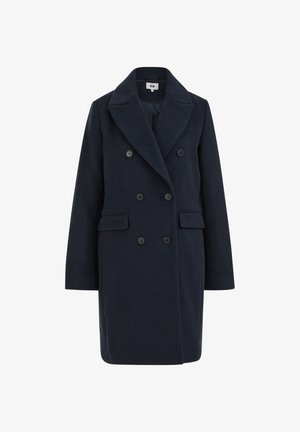 Manteau en laine bleu marine foncé à double boutonnage avec larges revers, six boutons noirs, poches à rabat et manches longues.