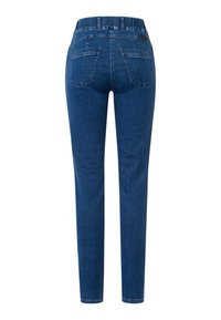 Jeans en denim bleu avec un design slim-fit, une taille élastique et deux poches arrière. Le tissu présente une texture denim typique.