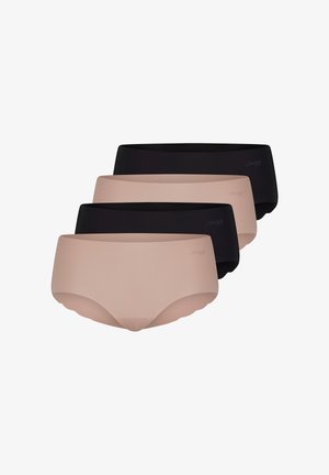 Fyra par sömlösa underkläder: två svarta och två ljusrosa. Mjuk, elastisk tyg med en slät yta och en subtil logotyp på midjebandet.