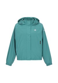 Niebieskozielona kurtka przeciwdeszczowa z kapturem, elastycznymi mankietami i delikatnym marszczeniem w talii. Na piersi znajduje się małe logo w postaci parasola.