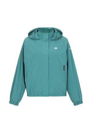 Azurově modrá nepromokavá bunda s kapucí, elastickými manžetami a mírným stažením v pase. Na hrudi má malou ikonu deštníku.