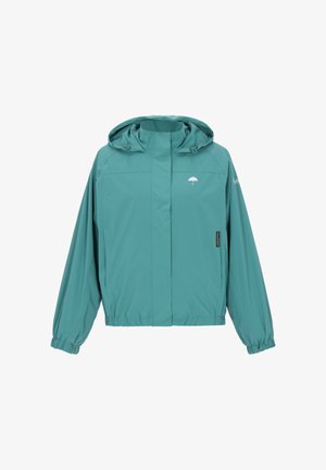 Niebieskozielona kurtka przeciwdeszczowa z kapturem, elastycznymi mankietami i delikatnym marszczeniem w talii. Na piersi znajduje się małe logo w postaci parasola.