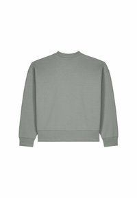 Sweat-shirt gris clair uni à manches longues avec col, poignets et ourlet côtelés, présenté de dos sur un fond blanc.