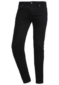 Pantalones ajustados negros de mezclilla, con un diseño estándar de cinco bolsillos, presillas para cinturón y cierre de cremallera con botón.