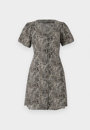 klänning med leopardmönster, korta puffärmar, V-ringning och knäppning framtill. Tillverkad av lätt tyg och med en utsvängd kjol.