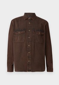 Brown denim long-sleeve shirt with button-down front, two chest pockets with button flaps, and collar on a white background.