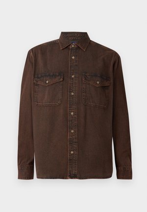 Brown denim long-sleeve shirt with button-down front, two chest pockets with button flaps, and collar on a white background.