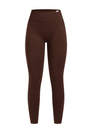 Leggings marrones de cintura alta, fabricados con un tejido suave y elástico. El diseño presenta una silueta ajustada y una construcción sin costuras.