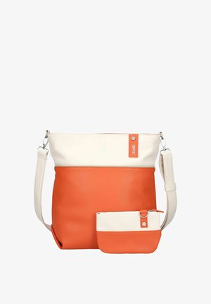 Sac bandoulière bicolore et petite pochette assortie en orange et crème avec bandoulière réglable et fermetures éclair.