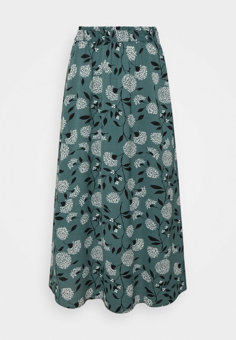 Jupe verte longueur genou avec motif floral blanc et feuilles noires, dotée d'une ceinture élastique et d'un ourlet légèrement évasé.