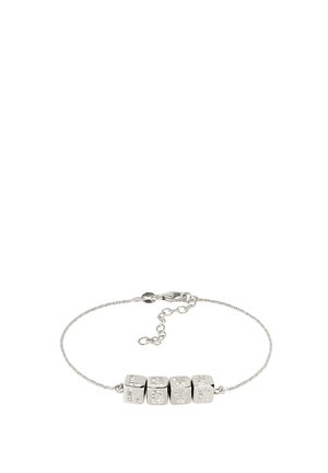 Silberarmband mit vier würfelförmigen Anhängern, die "LOVE" buchstabieren, mit kleinen eingebetteten klaren Kristallen an einer dünnen Kette und verstellbarem Verschluss.