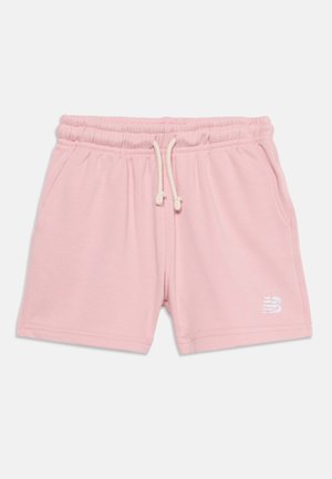 Lyserøde shorts med elastik i taljen, med hvid snøre og sidelommer, med en lille hvid logo på det nederste venstre ben.