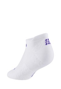 White ankle sock made from breathable fabric; features purple accents and textured pattern on the side for enhanced grip and fit.