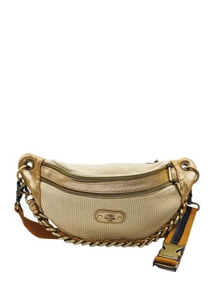Sac bandoulière beige et doré à texture, avec deux compartiments zippés, détail chaîne et anse en tissu ajustable avec boucle en plastique.