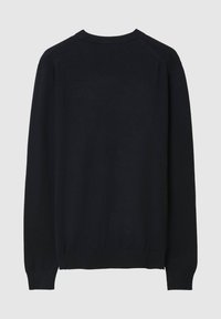 Maglione a maniche lunghe nero con scollatura rotonda, dotato di polsini e orlo a costine, mostrato dal retro su uno sfondo grigio chiaro uniforme.
