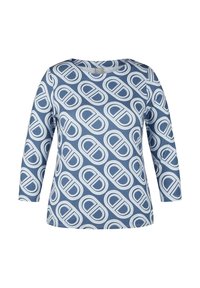 Blaues Langarmshirt mit einem wiederholten weißen Ovalmuster. Hergestellt aus weichem, dehnbarem Stoff mit Rundhalsausschnitt und entspannter Passform.