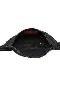 Schwarze Lederhandtasche mit Reißverschluss, Innenfach und braunen Lederakzenten. Sie hat eine weiche Textur und eine runde, kompakte Form.
