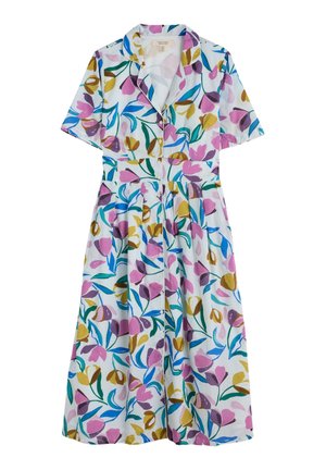 Robe courte à manches courtes avec boutons, imprimé floral rose, jaune, bleu, vert et violet sur fond blanc, avec col et jupe plissée.