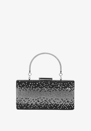 Rechthoekige clutch met een verloop van zwarte en zilveren strass steentjes, met een zilveren handvat en sluitingsdetail. Glad metallic oppervlak.